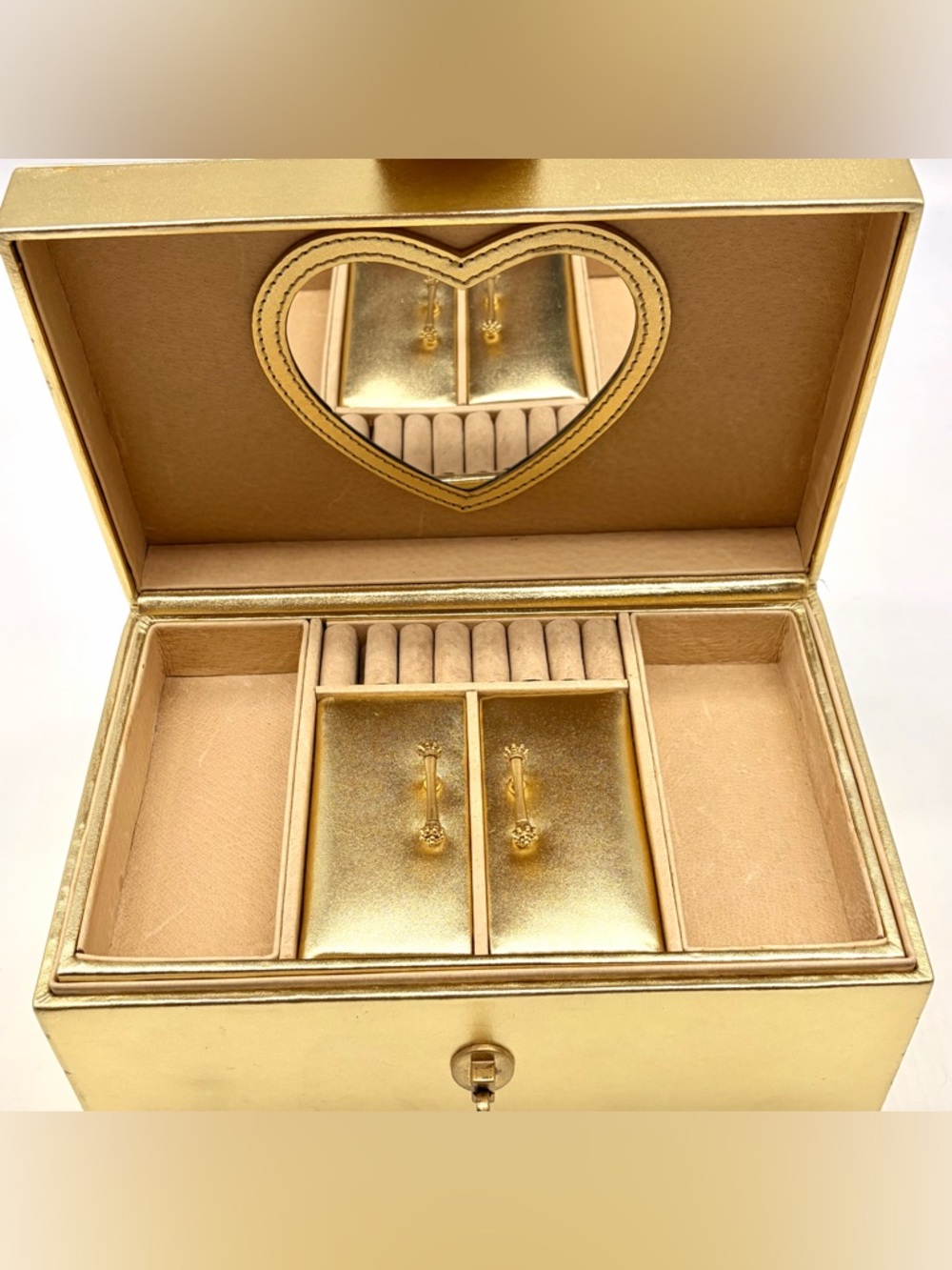Juicy Couture Gold Leather Mirror Jewelry Box Metallic Large Lock Train Case Y2K - Picture 6 of 12